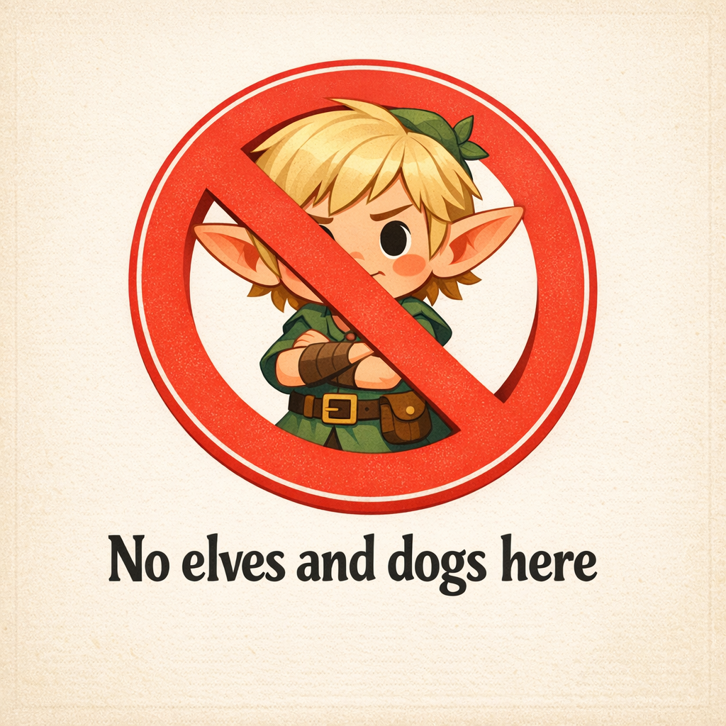A stylized crossed-out elf sign with the caption No elves and dogs here